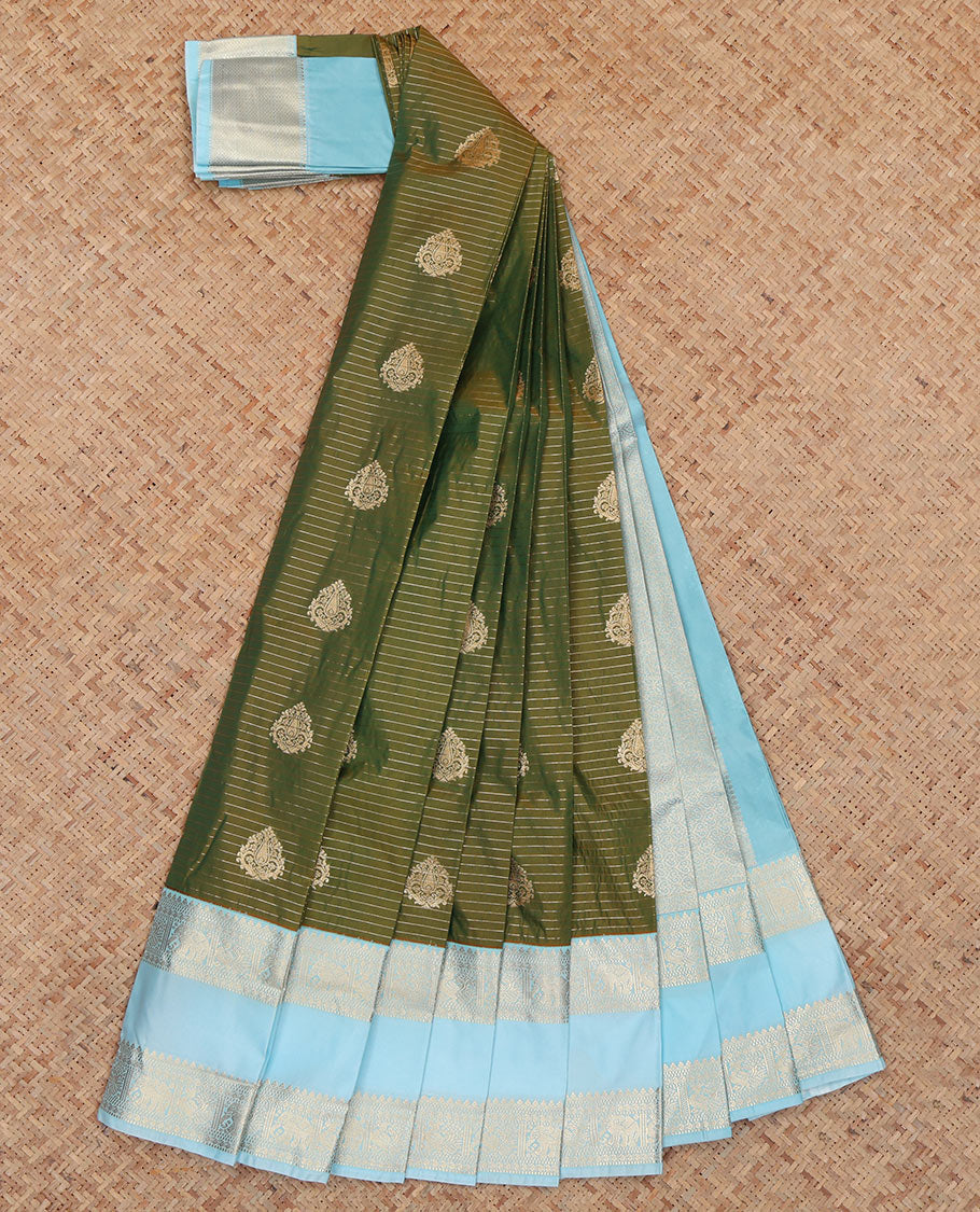 Green Budget Silk Saree, Decorated with Zari Buttas and Stripes, Complemented by Contrast Traditional Rettai Pettu Border, a Grand Pallu and a Contrast Blouse