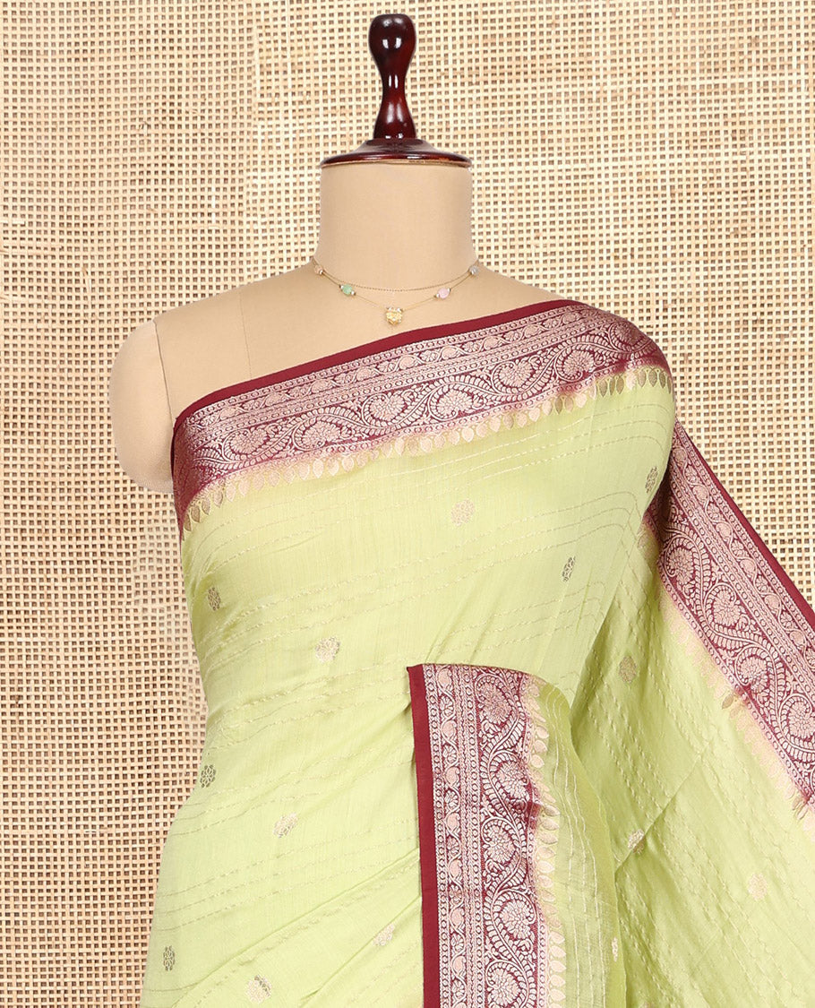 Green Assam Silk Saree, Decorated with Zari Buttas and Stripes, Complemented by Contrast Floral Creeper Border,  Zari Woven Pallu, and Contrast Blouse