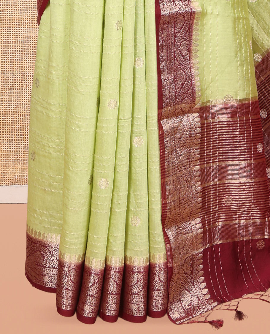 Green Assam Silk Saree, Decorated with Zari Buttas and Stripes, Complemented by Contrast Floral Creeper Border,  Zari Woven Pallu, and Contrast Blouse