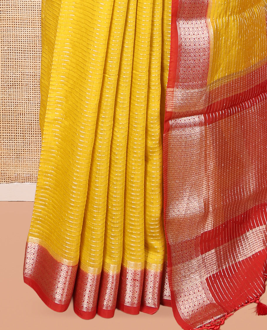 Yellow Assam Silk Saree, Embellished with Zari Stripes, Complemented by Contrast Jaal Design Zari Border,  Zari Woven Pallu, and Contrast Blouse