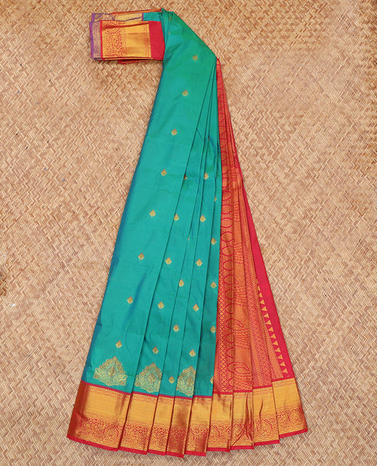 Blue Budget Silk Saree, Decorated with Zari Buttas, Complemented by a Contrast Traditional Zari Border, Grand Pallu, and Contrast Blouse