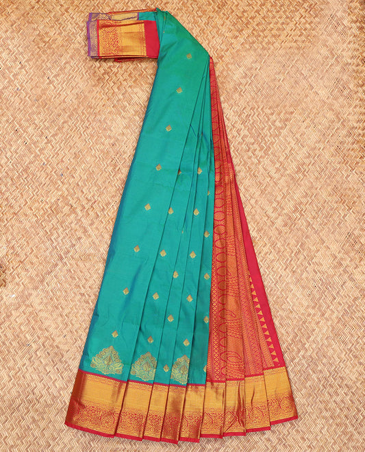 Blue Budget Silk Saree, Decorated with Zari Buttas, Complemented by a Contrast Traditional Zari Border, Grand Pallu, and Contrast Blouse