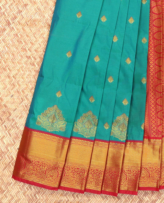 Blue Budget Silk Saree, Decorated with Zari Buttas, Complemented by a Contrast Traditional Zari Border, Grand Pallu, and Contrast Blouse