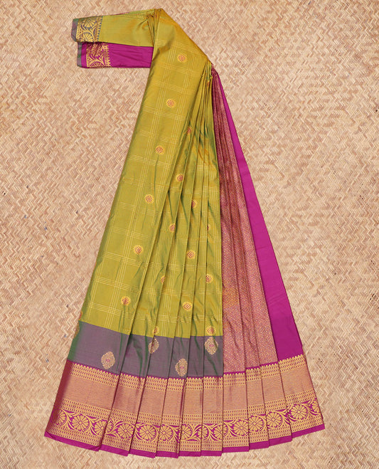 Green Budget Silk Saree, Embellished with Zari Buttas Enclosed Checks, a Contrast Traditional Zari Border, Grand Pallu, and a Contrast Blouse