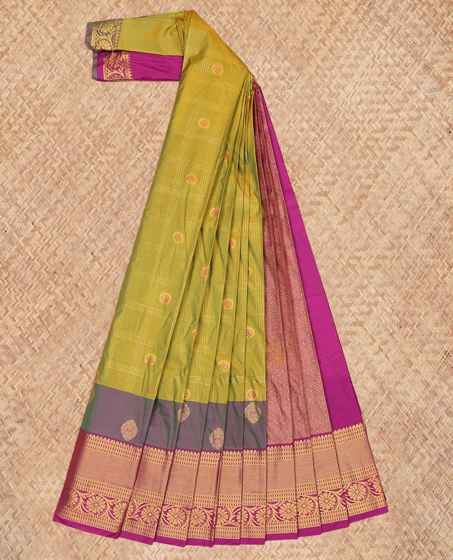 Green Budget Silk Saree, Embellished with Zari Buttas Enclosed Checks, a Contrast Traditional Zari Border, Grand Pallu, and a Contrast Blouse