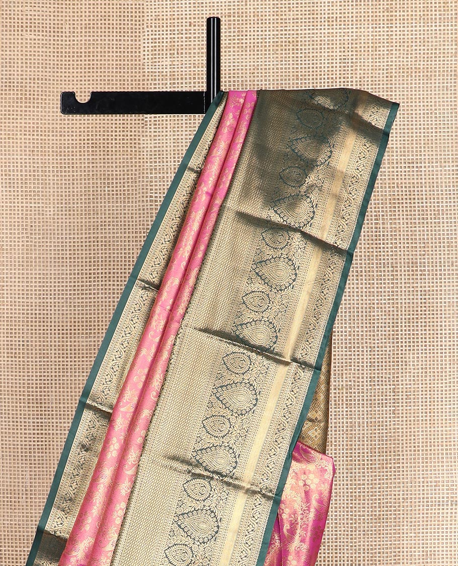 Pink jacquard budget silk saree, contrast traditional zari border, and jaal pallu