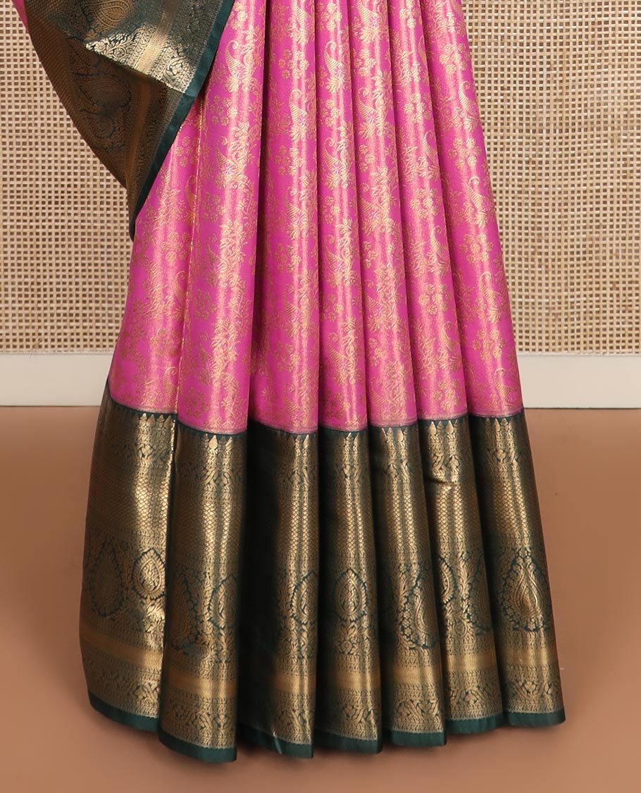 Pink jacquard budget silk saree, contrast traditional zari border, and jaal pallu