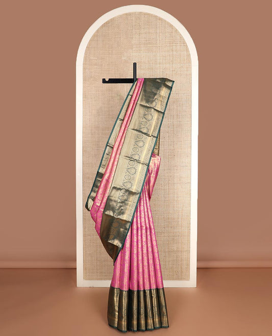 Pink jacquard budget silk saree, contrast traditional zari border, and jaal pallu