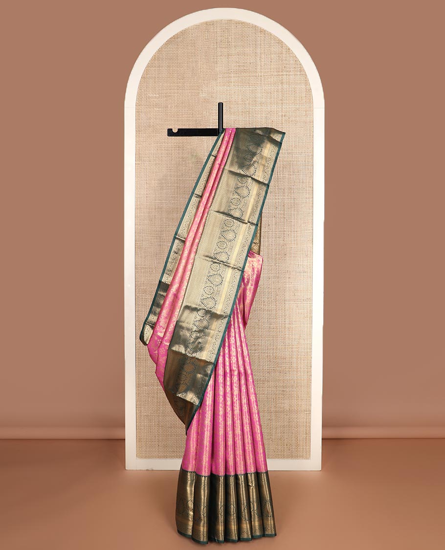 Pink jacquard budget silk saree, contrast traditional zari border, and jaal pallu