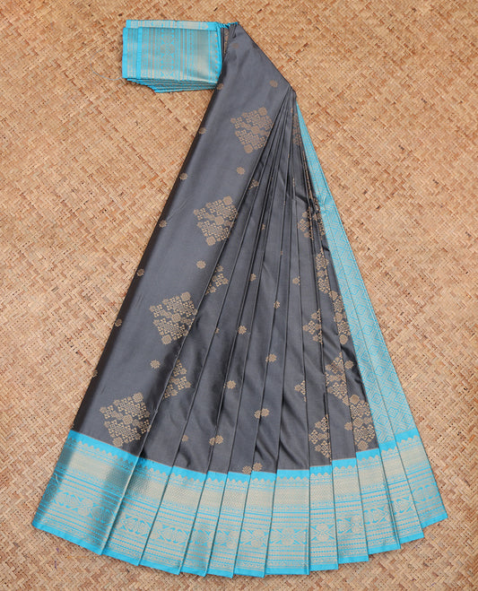Grey Budget Silk Saree, Adorned with Zari Buttas, a Contrast Traditional Zari Border, Grand Pallu, and a Contrast Blouse