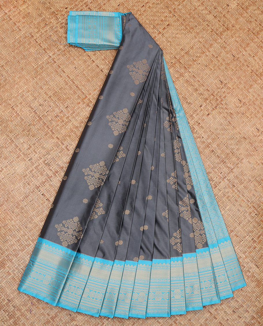 Grey Budget Silk Saree, Adorned with Zari Buttas, a Contrast Traditional Zari Border, Grand Pallu, and a Contrast Blouse