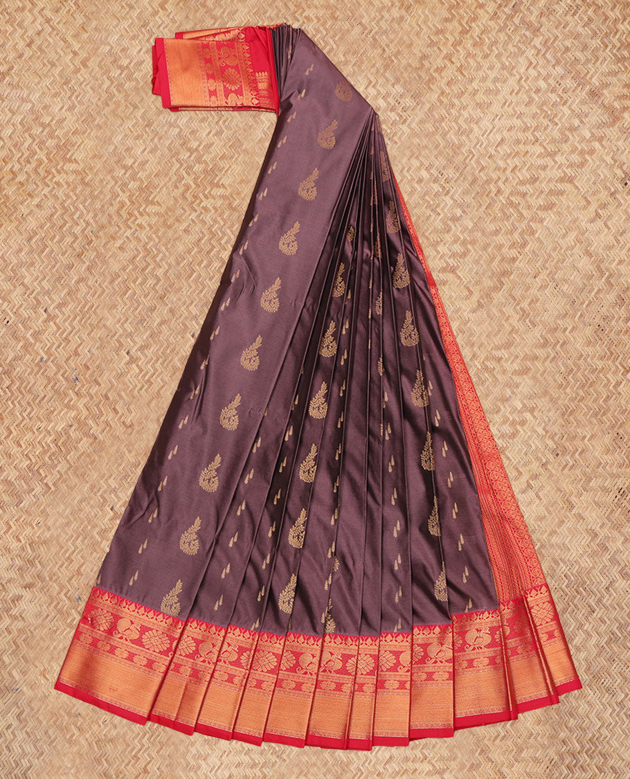 Brown Budget Silk Saree, Decked Up with Zari Buttas, a Contrast Traditional Zari Border, Intricate Pallu, and a Contrast Blouse