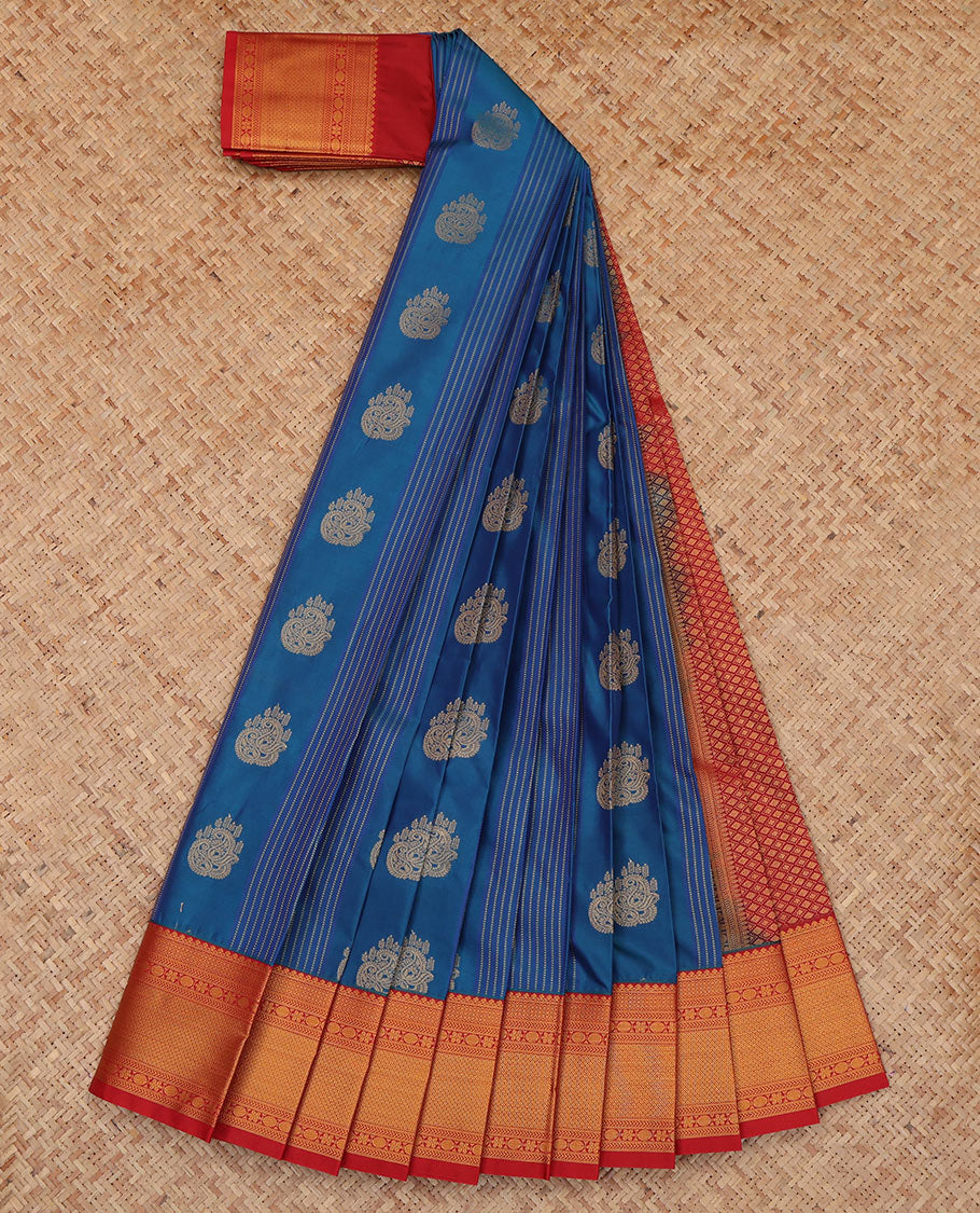 Blue Budget Silk Saree, Accentuated with Zari Buttas and Stripes, a Contrast Traditional Zari Border, Jaal Pallu, and a Contrast Blouse