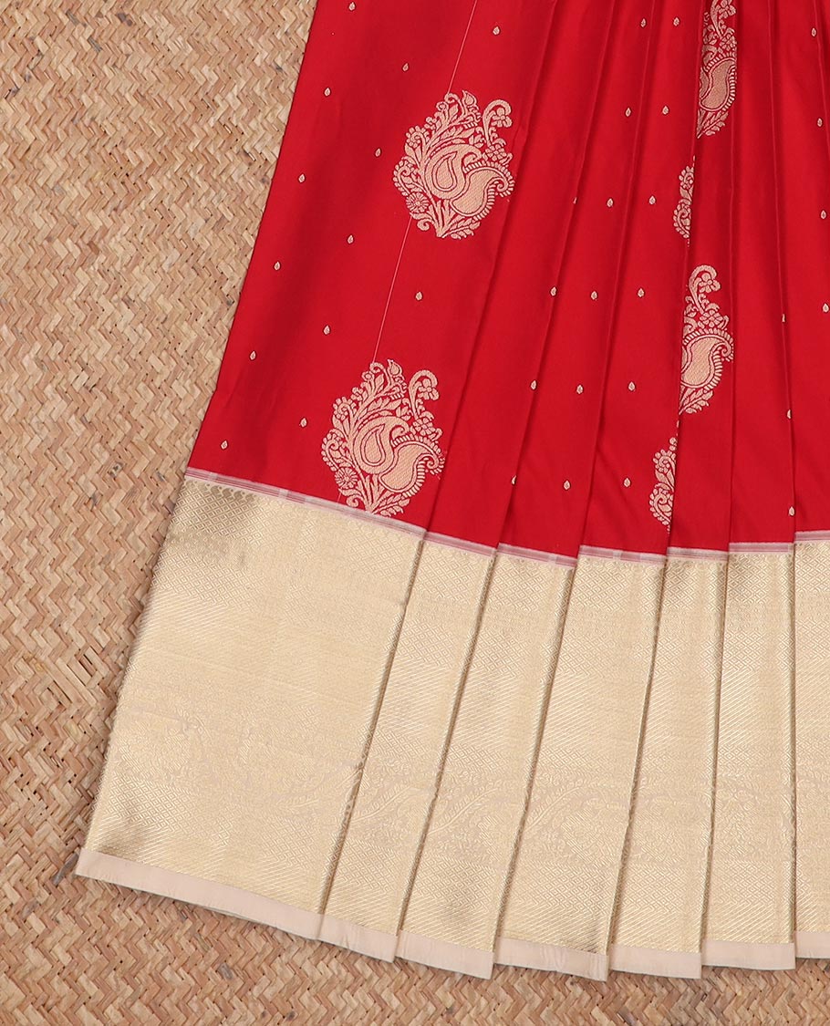 Red zari buttas gift saree, contrast traditional zari design border, and intricate pallu