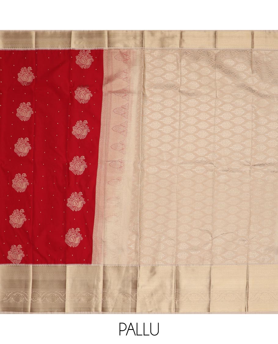 Red zari buttas gift saree, contrast traditional zari design border, and intricate pallu