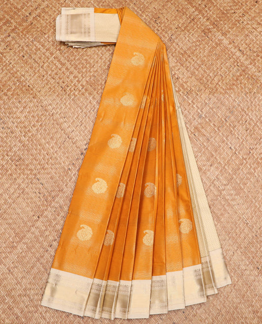Orange zari striped and manga buttas gift saree, contrast traditional zari designs border, and jaal pallu