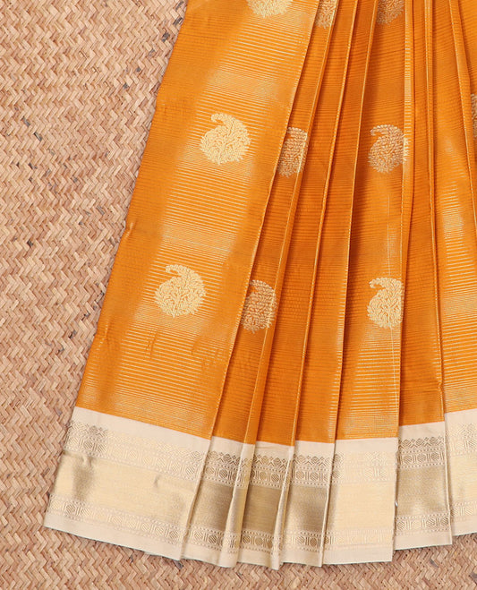 Orange zari striped and manga buttas gift saree, contrast traditional zari designs border, and jaal pallu