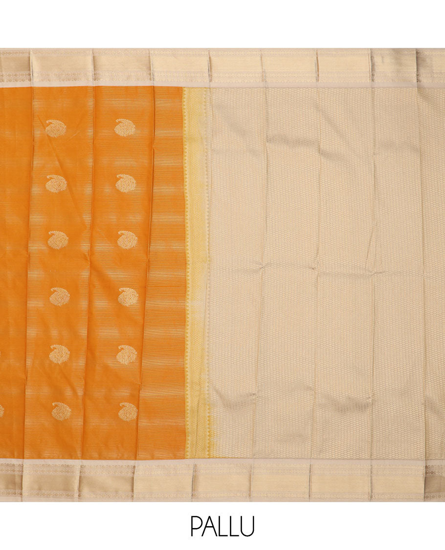 Orange zari striped and manga buttas gift saree, contrast traditional zari designs border, and jaal pallu