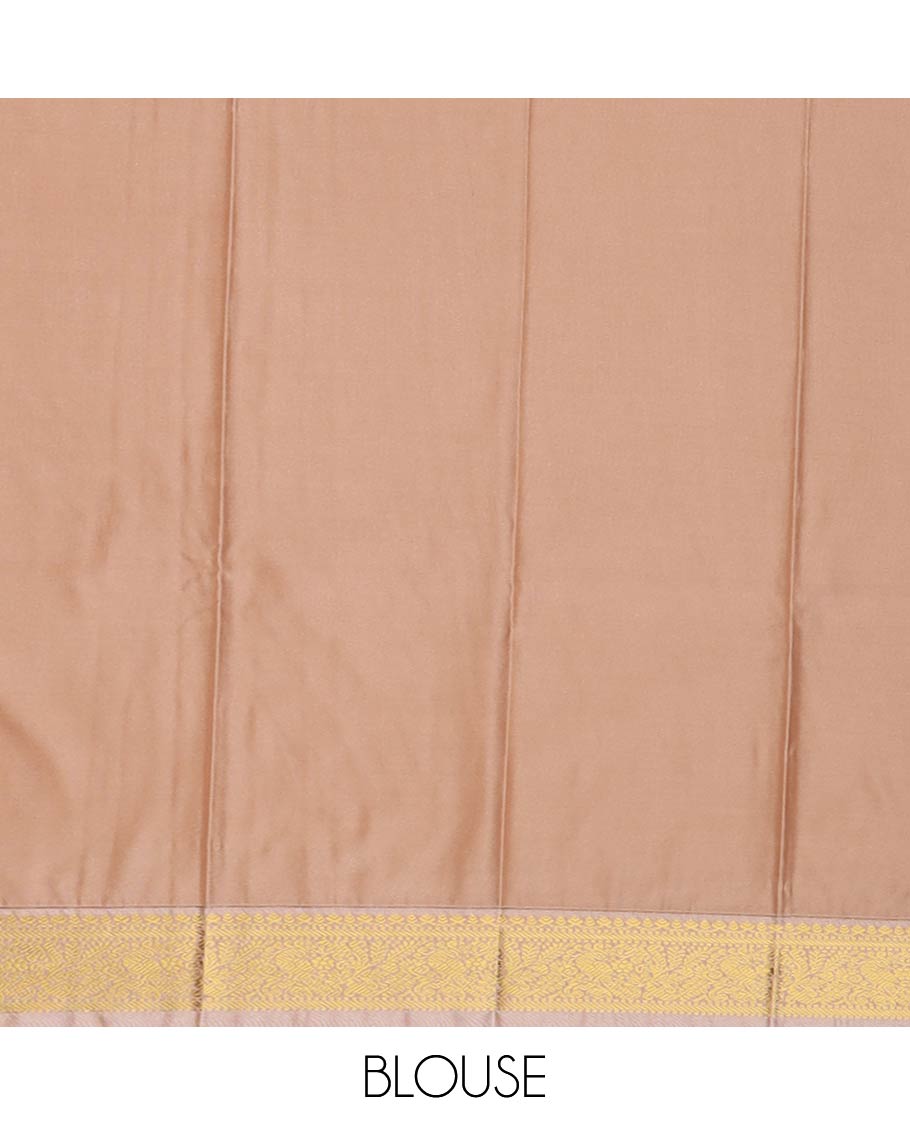 Rani pink striped and peacock buttas gift saree, contrast traditional zari border, and jaal pallu