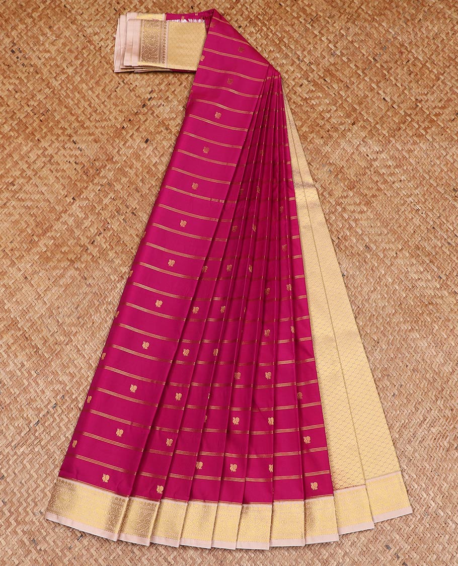 Rani pink striped and peacock buttas gift saree, contrast traditional zari border, and jaal pallu