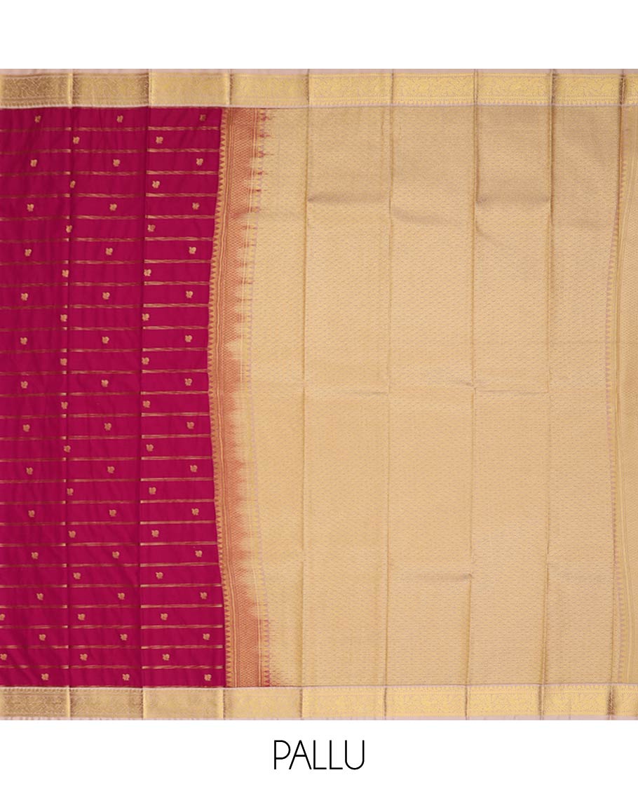 Rani pink striped and peacock buttas gift saree, contrast traditional zari border, and jaal pallu