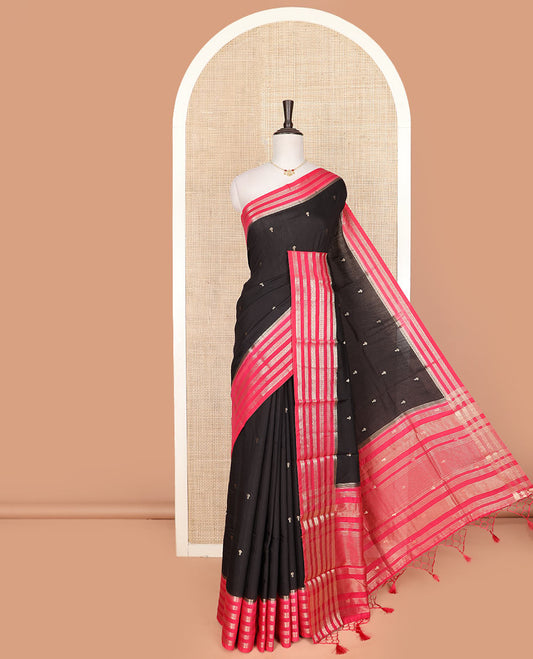 Black zari buttas assam silk saree, contrast traditional zari motifs woven border, and zari striped pallu