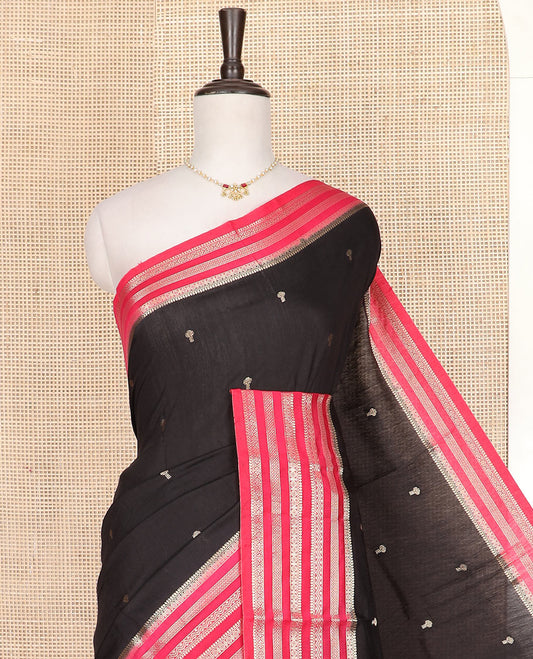 Black zari buttas assam silk saree, contrast traditional zari motifs woven border, and zari striped pallu