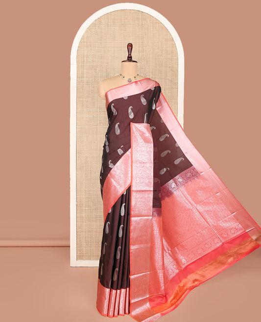 Brown Budget Silk Saree, Detailed with Paisley Zari Buttas All Over Its Body, Complemented by Contrast Border Steeped with Paisley Designs, Meticulously Woven Pallu of Jaal Designs, and Paired with a Contrast Blouse
