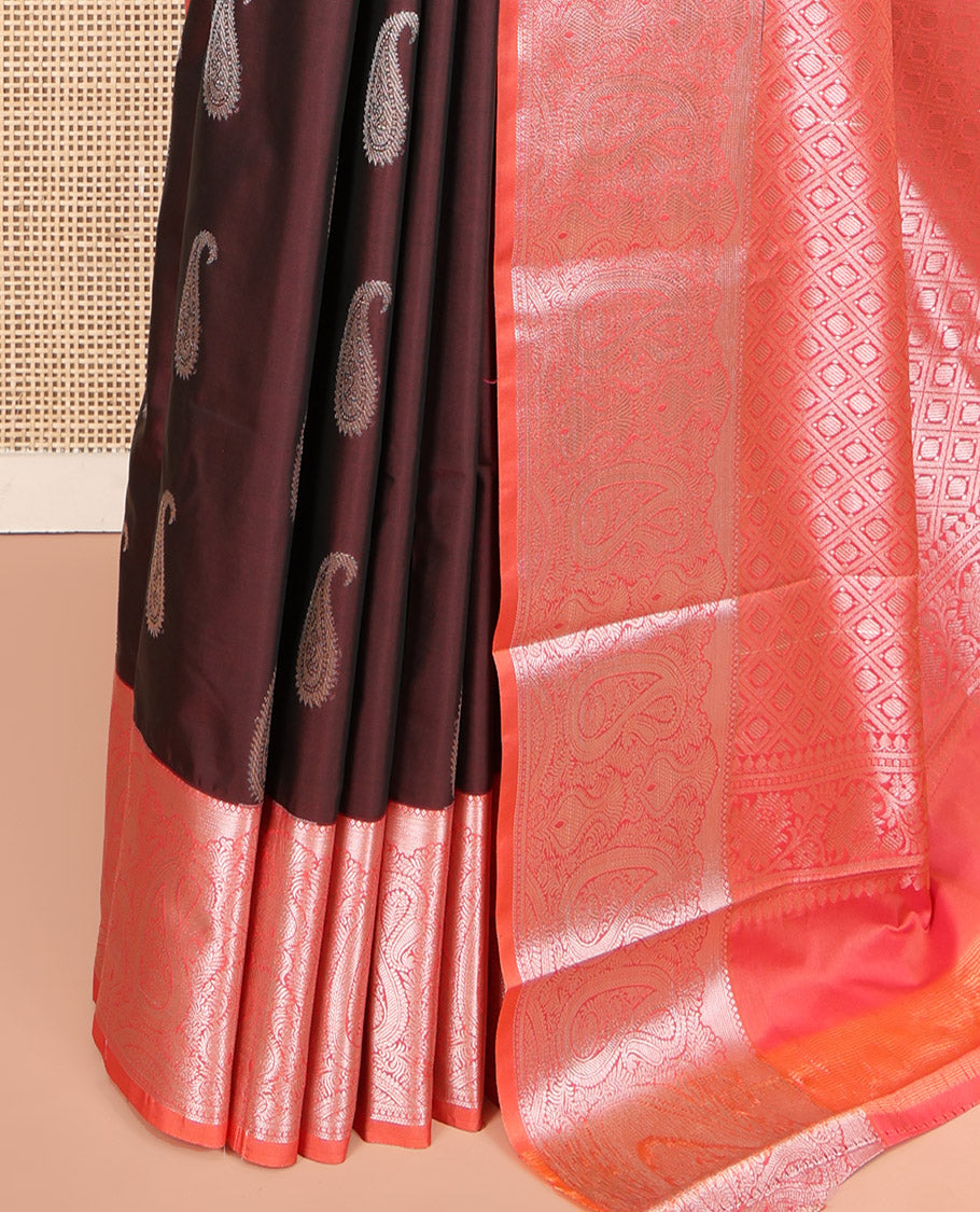 Brown Budget Silk Saree, Detailed with Paisley Zari Buttas All Over Its Body, Complemented by Contrast Border Steeped with Paisley Designs, Meticulously Woven Pallu of Jaal Designs, and Paired with a Contrast Blouse