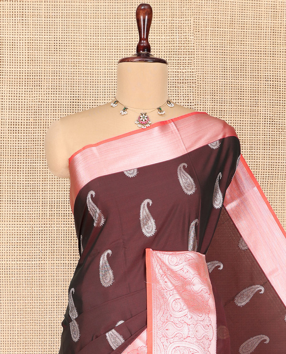 Brown Budget Silk Saree, Detailed with Paisley Zari Buttas All Over Its Body, Complemented by Contrast Border Steeped with Paisley Designs, Meticulously Woven Pallu of Jaal Designs, and Paired with a Contrast Blouse