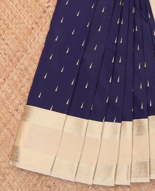 Blue Budget Silk Saree, Detailed with Temple Zari Buttas All Over Its Body, Complemented by Contrast Rettai Pettu Border of Traditional Designs, a Sparsely Woven Pallu of Diagonal Designs, and Paired with a Contrast Blouse