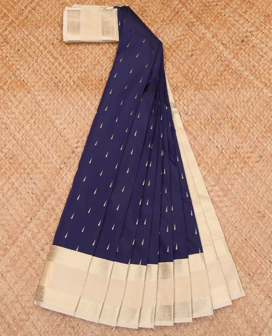 Blue Budget Silk Saree, Detailed with Temple Zari Buttas All Over Its Body, Complemented by Contrast Rettai Pettu Border of Traditional Designs, a Sparsely Woven Pallu of Diagonal Designs, and Paired with a Contrast Blouse