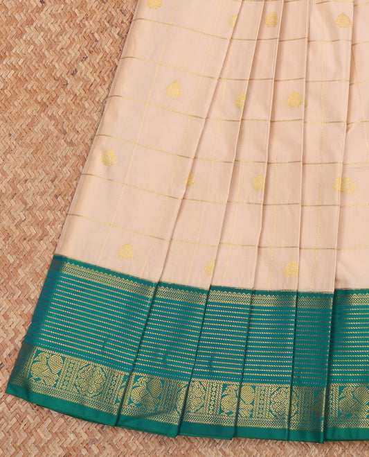 Cream Budget Silk Saree, Bedecked with Zari Butta Enclosed Checks All Over Its Body, Complemented by a Contrast Traditional Zari Design Woven Border, Gleaming Jaal Pallu, and Paired with a Contrast Blouse
