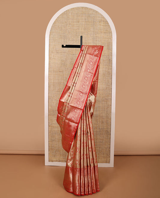 Brown floral jacquard budget silk saree with contrast zari design border & floral design pallu
