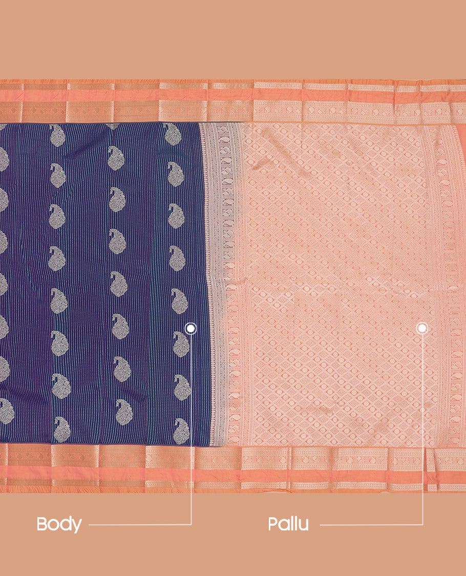 Blue Budget Silk Saree Gleamed Up with Paisley Buttas and Stripes All Over Its Body, Complemented by a Contrast Rettai Pettu Border of Traditional Zari Designs, a Grand Pallu of Jaal Designs, and Paired with a Contrast Blouse