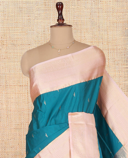 Blue Budget Silk Saree, Bedecked with Zari Buttas on Its Body, Complemented by a Contrast Traditional Zari Design Border, Grand Jaal Pallu, and Paired with a Contrast Blouse