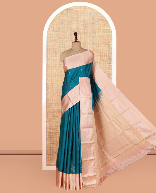 Blue Budget Silk Saree, Bedecked with Zari Buttas on Its Body, Complemented by a Contrast Traditional Zari Design Border, Grand Jaal Pallu, and Paired with a Contrast Blouse