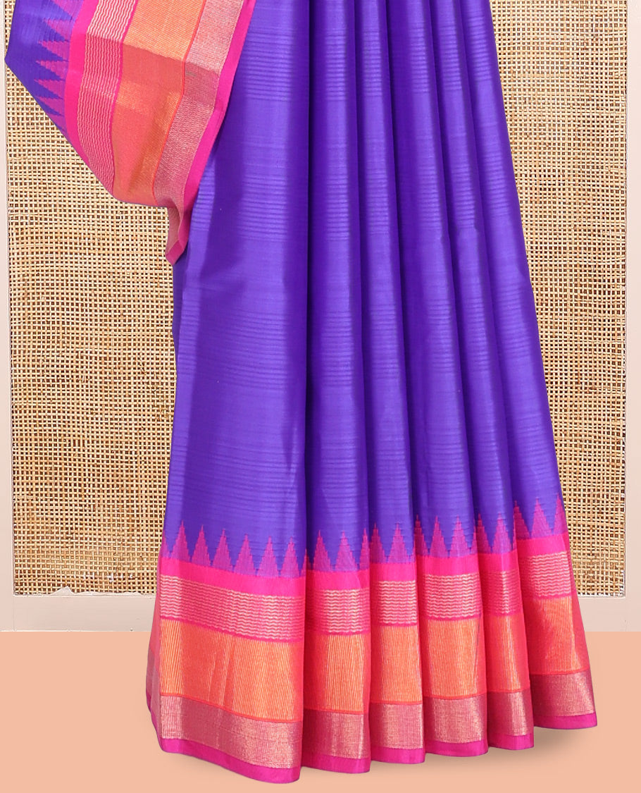 Violet Striped Bangalore Silk Saree, Complemented by a Contrast Temple Ganga-Jamuna Border, Zari-Striped Pallu, and Contrast Blouse