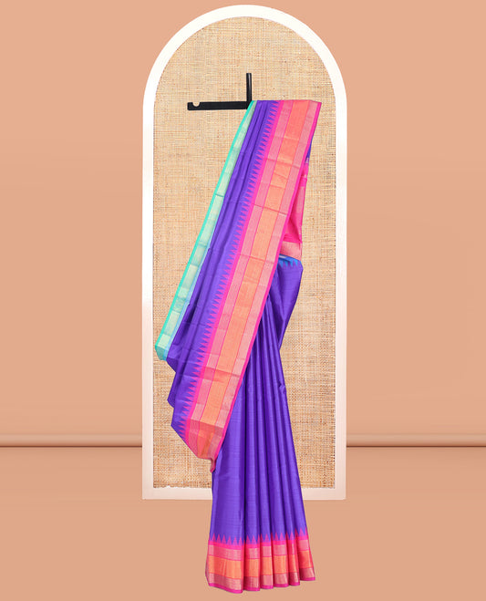 Violet Striped Bangalore Silk Saree, Complemented by a Contrast Temple Ganga-Jamuna Border, Zari-Striped Pallu, and Contrast Blouse