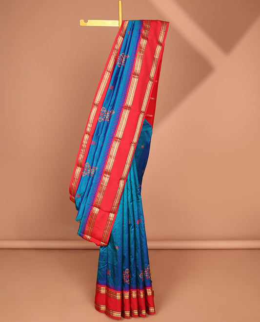 Blue thread embroidered Bangalore silk saree, contrast vidarbha border of traditional designs & pallu of stripes