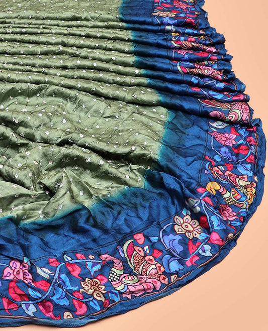Grey bandhani dotted bandhani silk saree, contrast kalamkari floral vine and peacocks printed border of peacock printed pallu