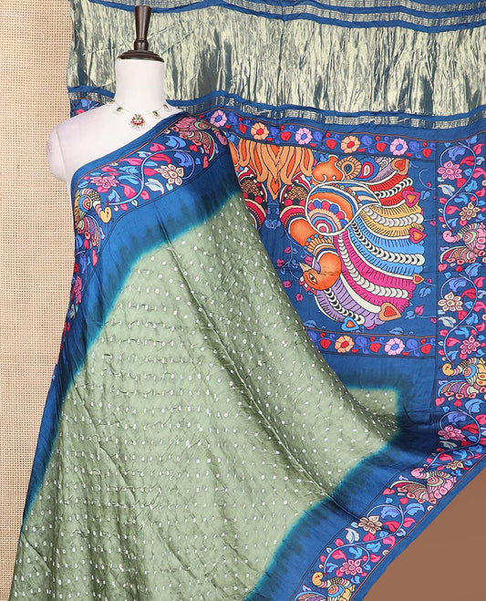 Grey bandhani dotted bandhani silk saree, contrast kalamkari floral vine and peacocks printed border of peacock printed pallu