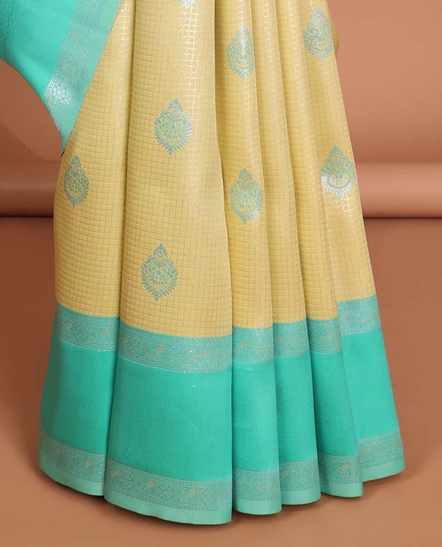 Yellow checked, floral design litchi silk saree with contrast rettai pettu zari design border & checked floral design pallu
