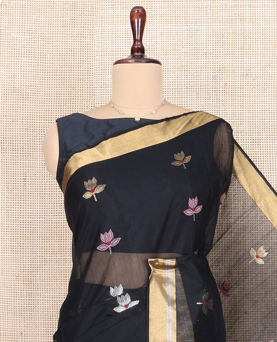 Black Chanderi Cotton Saree, Embellished with Floral Buttas All Over Its Body, Highlighted by Zari Border, Pallu Steeped with Zari Stripes, and Paired with a Matching Blouse