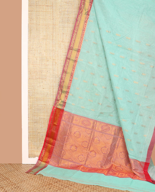 Blue Venkatagiri Cotton Saree, Decorated with Zari Buttas on Its Body, Complemented by a Contrast Border of Paisley Zari Designs, Intricately Designed Pallu, and Comes Without a Blouse