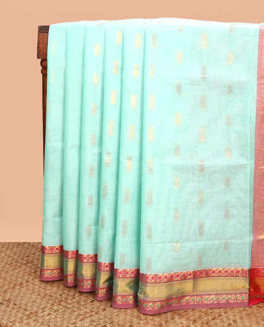 Blue Venkatagiri Cotton Saree, Decorated with Zari Buttas on Its Body, Complemented by a Contrast Border of Paisley Zari Designs, Intricately Designed Pallu, and Comes Without a Blouse