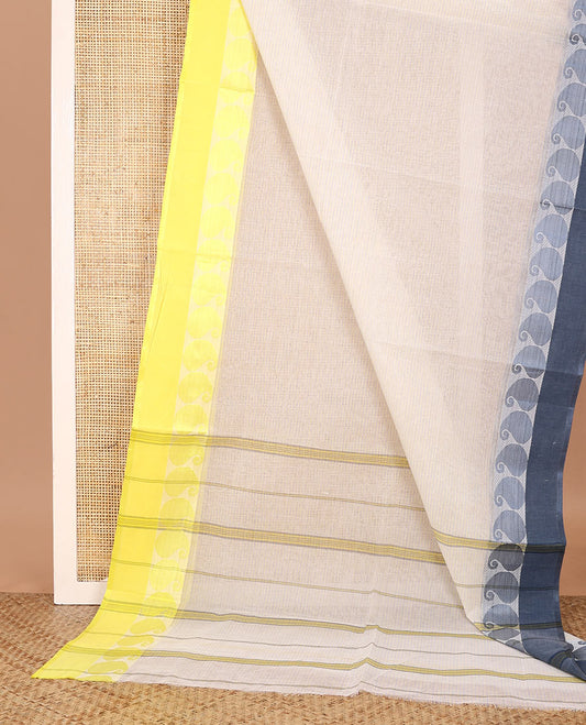 Cream striped Bengal cotton saree, contrast ganga jamuna border of paisleys, and striped pallu