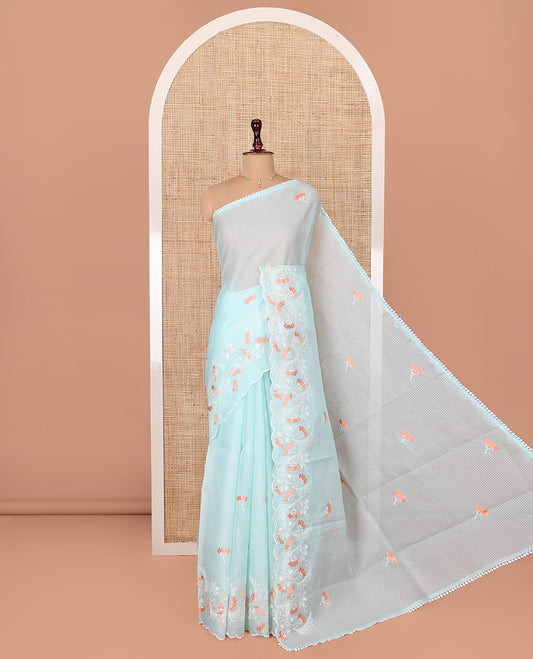 Blue Kota Cotton Saree, Prettified with Floral Motifs Thread Embroidery on Its Body, Scallop Lace Embroidered Border, Pallu Features Same Embroidery, and Paired with a Matching Blouse