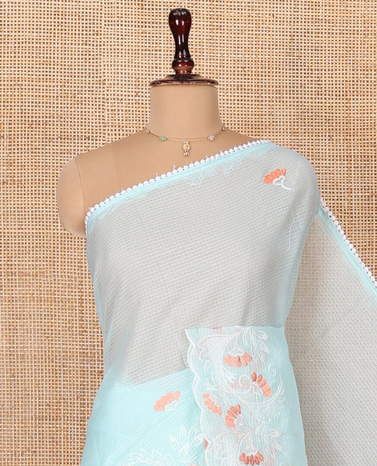 Blue Kota Cotton Saree, Prettified with Floral Motifs Thread Embroidery on Its Body, Scallop Lace Embroidered Border, Pallu Features Same Embroidery, and Paired with a Matching Blouse