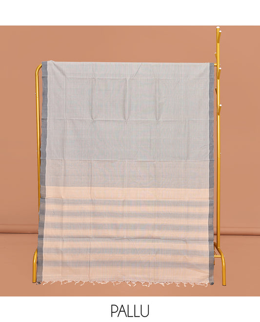 Grey Heathered Textured Mangalgiri Cotton Saree, Complemented by Contrast Border, Striped Pallu, and Paired with a Contrast Blouse